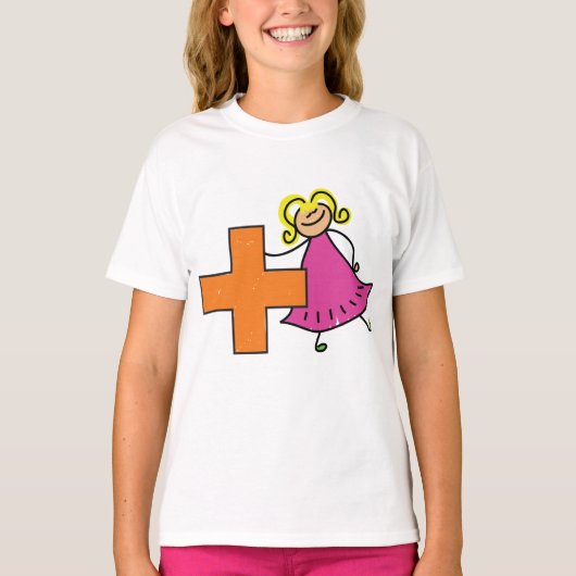 Schattigee Stick Figuur Meisje met Plus Sign T-shirt (Voorkant)
