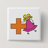 Schattigee Stick Figuur Meisje met Plus Sign Vierkante Button 5,1 Cm (Voorkant)