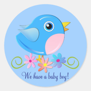 Schattigee sticker met Baby jongen vogel en tekst