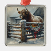 Schattigee stier op een rustiek Boerderij Metalen Ornament (Voorkant)