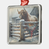 Schattigee stier op een rustiek Boerderij Metalen Ornament (Links)