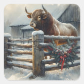 Schattigee stier op een rustiek Boerderij Vierkante Sticker (Voorkant)