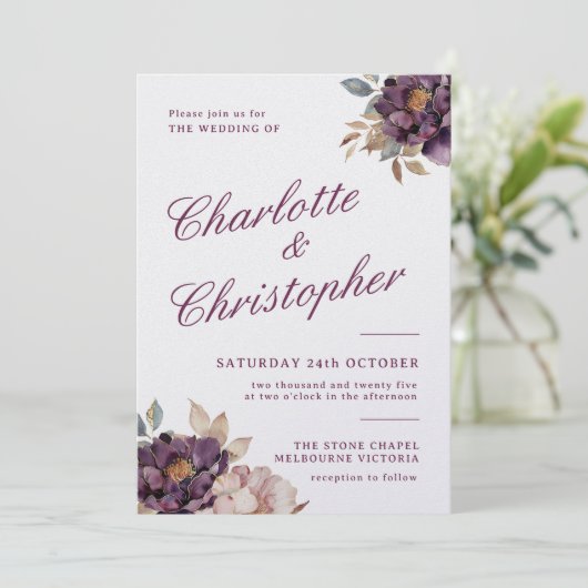 Schattigee  stijl huwelijksuitnodiging, paarse str (Staand voorkant)