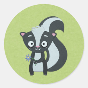 Schattigee stinkdier met bloem op groen ronde sticker