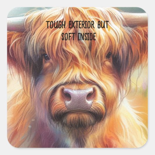 Schattigee stoere Shaggy Highland Koe Vierkante Sticker (Voorkant)