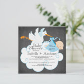 Schattigee Stork Chalkboard Boy Baby shower Uitnod Kaart (Staand voorkant)