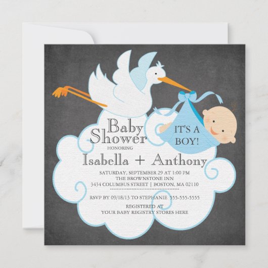 Schattigee Stork Chalkboard Boy Baby shower Uitnod Kaart (Voorkant)