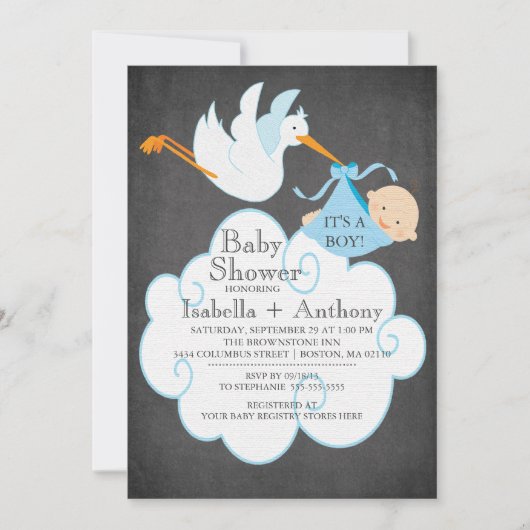 Schattigee Stork Chalkboard Boy Baby shower Uitnod Kaart (Voorkant)