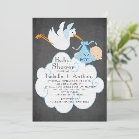 Schattigee Stork Chalkboard Boy Baby shower Uitnod Kaart (Staand voorkant)