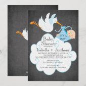 Schattigee Stork Chalkboard Boy Baby shower Uitnod Kaart (Voorkant / Achterkant)