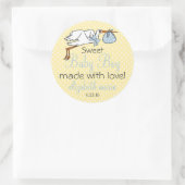 Schattigee Stork Geel en Blauw Baby shower Gast Fa Ronde Sticker (Tas)