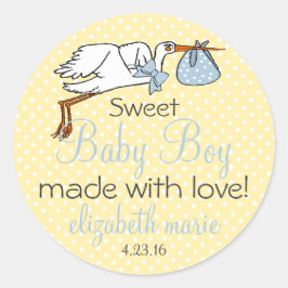 Schattigee Stork Geel en Blauw Baby shower Gast Fa Ronde Sticker