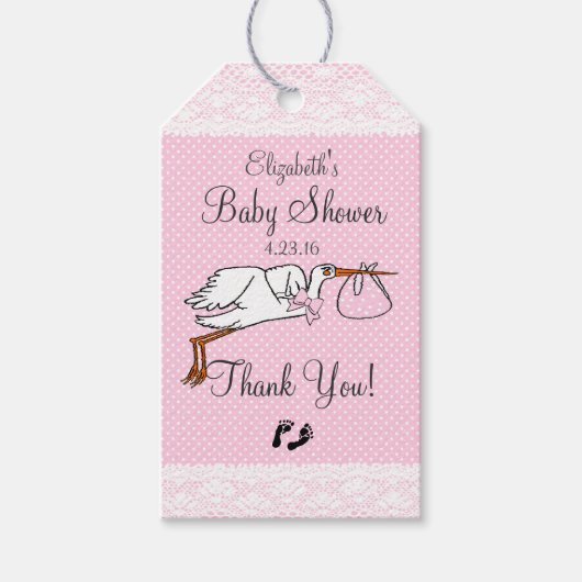 Schattigee Stork Roze Baby shower Gast Favor Cadeaulabel (Voorkant)