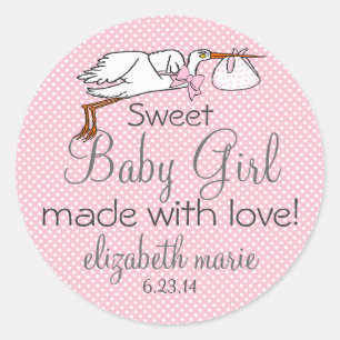 Schattigee Stork Roze Baby shower Gast Favor Ronde Sticker