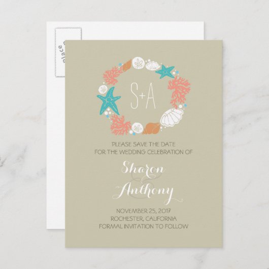 Schattigee strand bruiloft save the date aankondigingskaart (Voorkant / Achterkant)