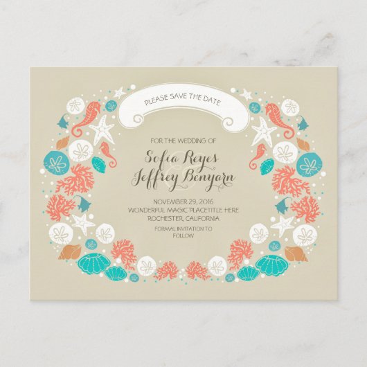 Schattigee strand bruiloft save the date Briefkaar Aankondigingskaart (Voorkant)