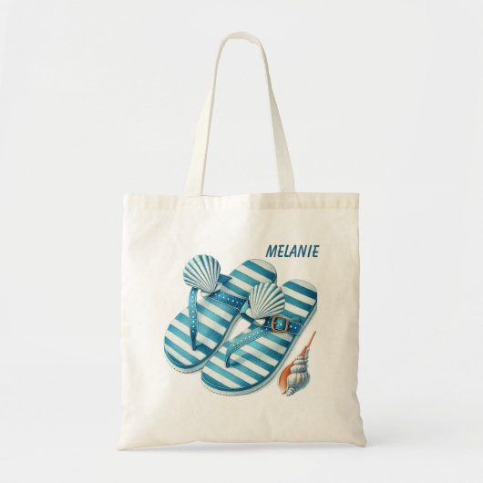 Schattigee strand flip flop liefhebbers voeg naam tote bag (Voorkant)