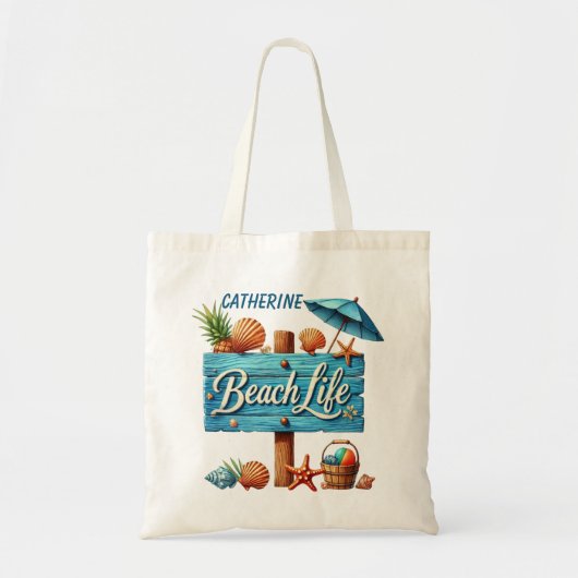 Schattigee strand leven teken Voeg naam toe Tote Bag (Voorkant)