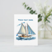 Schattigee strand zeilboot tekst toevoegen briefkaart (Staand voorkant)