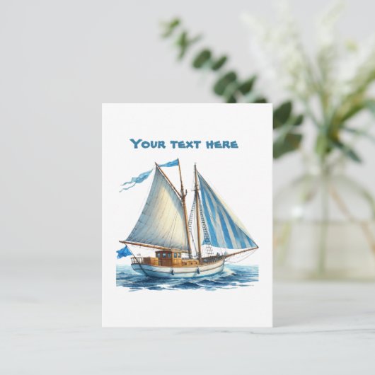 Schattigee strand zeilboot tekst toevoegen briefkaart (Staand voorkant)