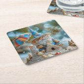 Schattigee strandkabouter met een paraplu kartonnen onderzetters (Schuin)