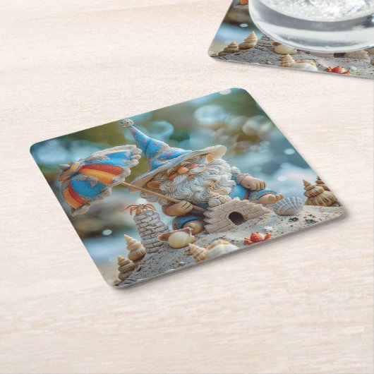 Schattigee strandkabouter met een paraplu kartonnen onderzetters (Schuin)