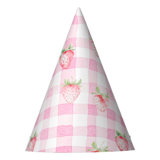 Schattigee Strawberry Berry Pink Gingham Verjaarda Feesthoedjes (Voorkant)