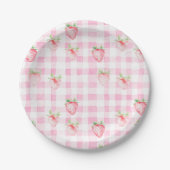 Schattigee Strawberry Berry Pink Gingham Verjaarda Papieren Bordje (Voorkant)