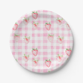 Schattigee Strawberry Berry Pink Gingham Verjaarda Papieren Bordje