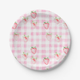 Schattigee Strawberry Berry Pink Gingham Verjaarda Papieren Bordje