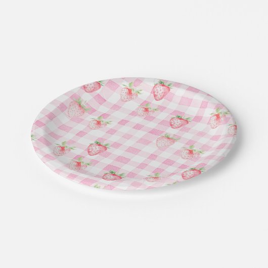 Schattigee Strawberry Berry Pink Gingham Verjaarda Papieren Bordje (Gekanteld)