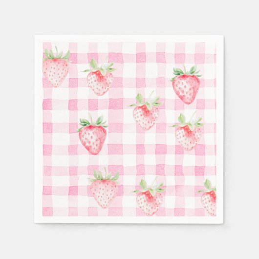 Schattigee Strawberry Berry Pink Gingham Verjaarda Servet (Voorkant)