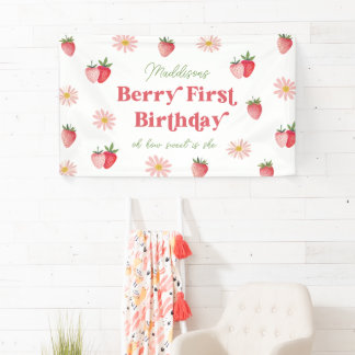 Schattigee Strawberry en Daisy Meisjes 1e Verjaard Spandoek