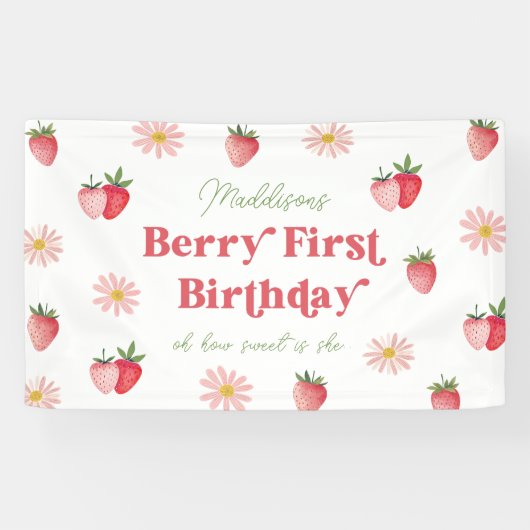 Schattigee Strawberry en Daisy Meisjes 1e Verjaard Spandoek (Horizontaal)