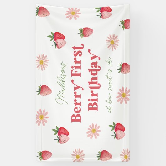 Schattigee Strawberry en Daisy Meisjes 1e Verjaard Spandoek (Verticaal)