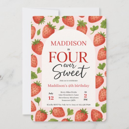 Schattigee Strawberry Four Ooit Sweet 4th Birthday Kaart (Voorkant)
