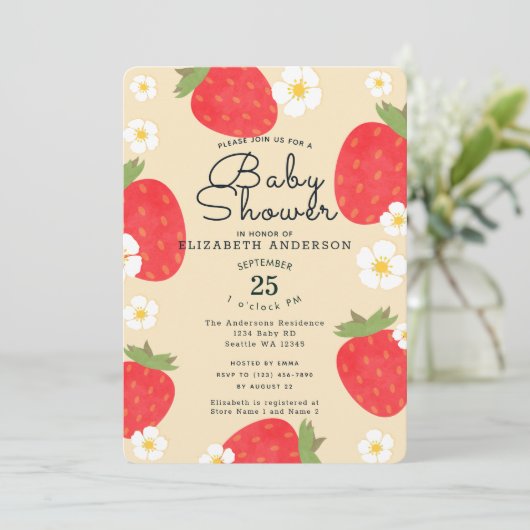 Schattigee Strawberry Girl's Baby shower Uitnodigi Kaart (Staand voorkant)