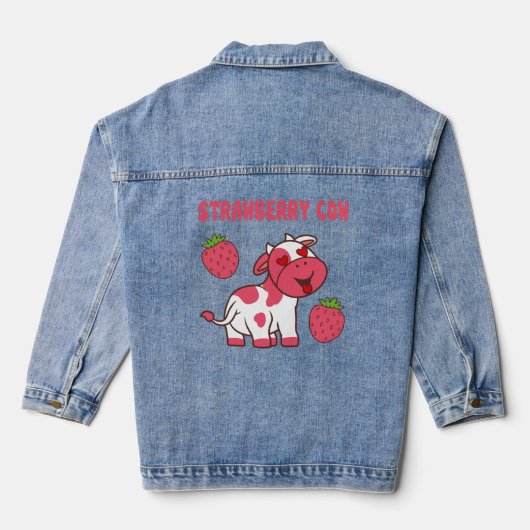 Schattigee Strawberry Koe Print Denim Jacket (Achterkant)