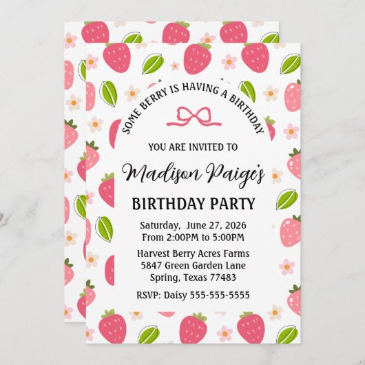 Schattigee Strawberry Roze Meisjes Verjaardagsuitn Kaart (Voorkant / Achterkant)