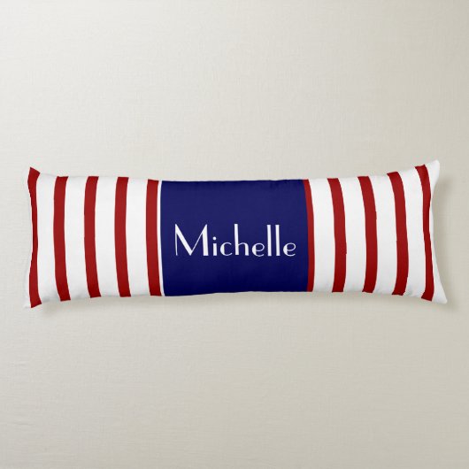 Schattigee strepen, rood wit & blauw, jouw naam to lichaamskussen (Achterkant)