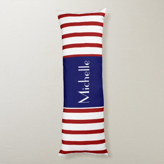 Schattigee strepen, rood wit & blauw, jouw naam to lichaamskussen (Achterkant (Verticaal))