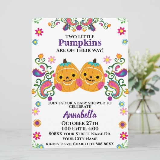 Schattigee Sugar Skull Pumpkin Halloween Baby Twin Kaart (Staand voorkant)