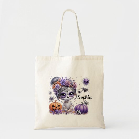 Schattigee Sugar Skull Witch gepersonaliseerde tra Tote Bag (Voorkant)