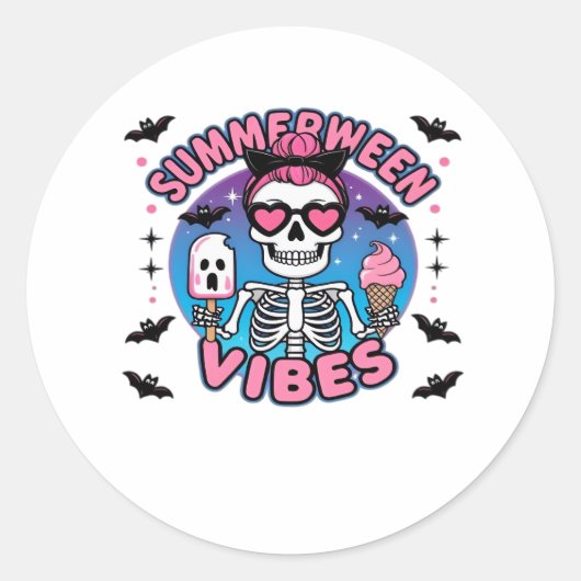 Schattigee Summerween Vibes Skeleton IceCream Summ Ronde Sticker (Voorkant)