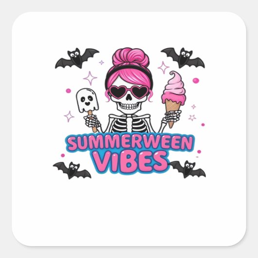 Schattigee Summerween Vibes Skeleton IceCream Summ Vierkante Sticker (Voorkant)