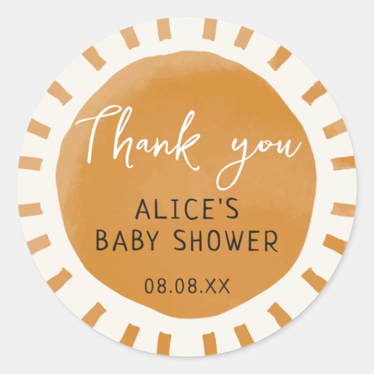 Schattigee Sunshine Boho Baby shower Dank u Ronde Sticker (Voorkant)