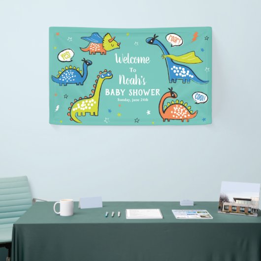 Schattigee superhelden dinosaurussen op Aqua Blue Spandoek (Beurs)