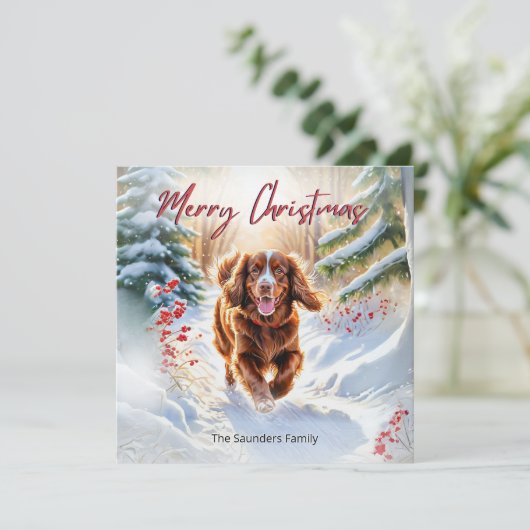 Schattigee Sussex Spaniel In Sneeuwwinter Vrolijk  Feestdagenkaart (Staand voorkant)