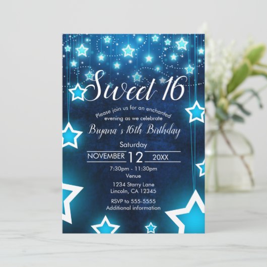 Schattigee Sweet 16 Uitnodiging op maat met sterve (Staand voorkant)