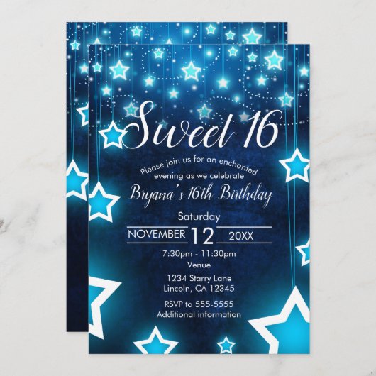 Schattigee Sweet 16 Uitnodiging op maat met sterve (Voorkant / Achterkant)